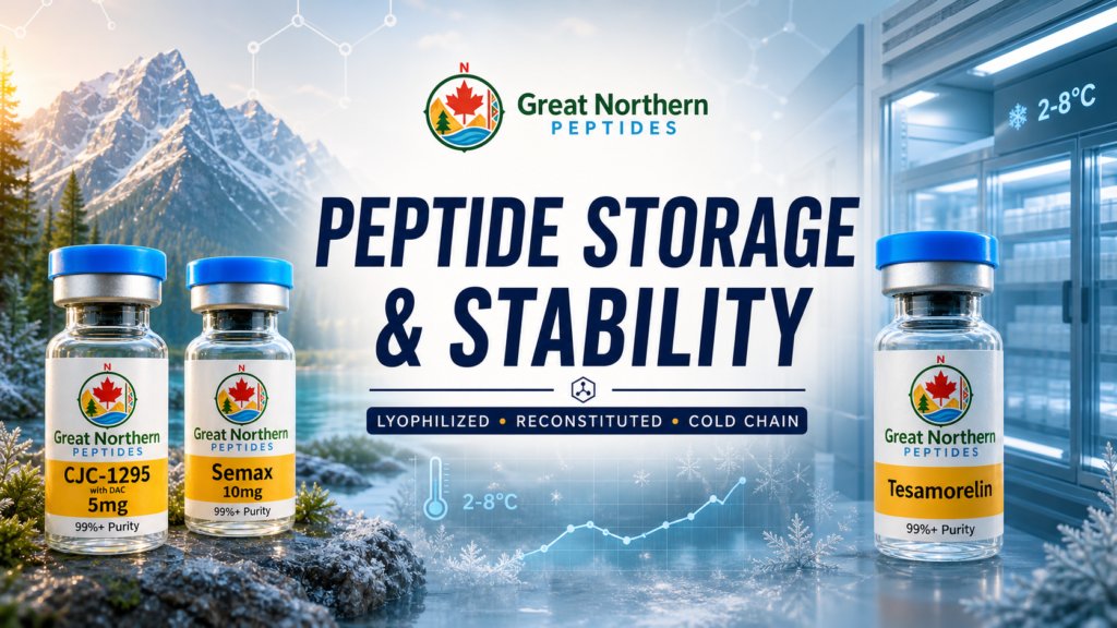 Peptide storage and stability guide with branded Great Northern Peptides vials in a controlled cold-chain laboratory